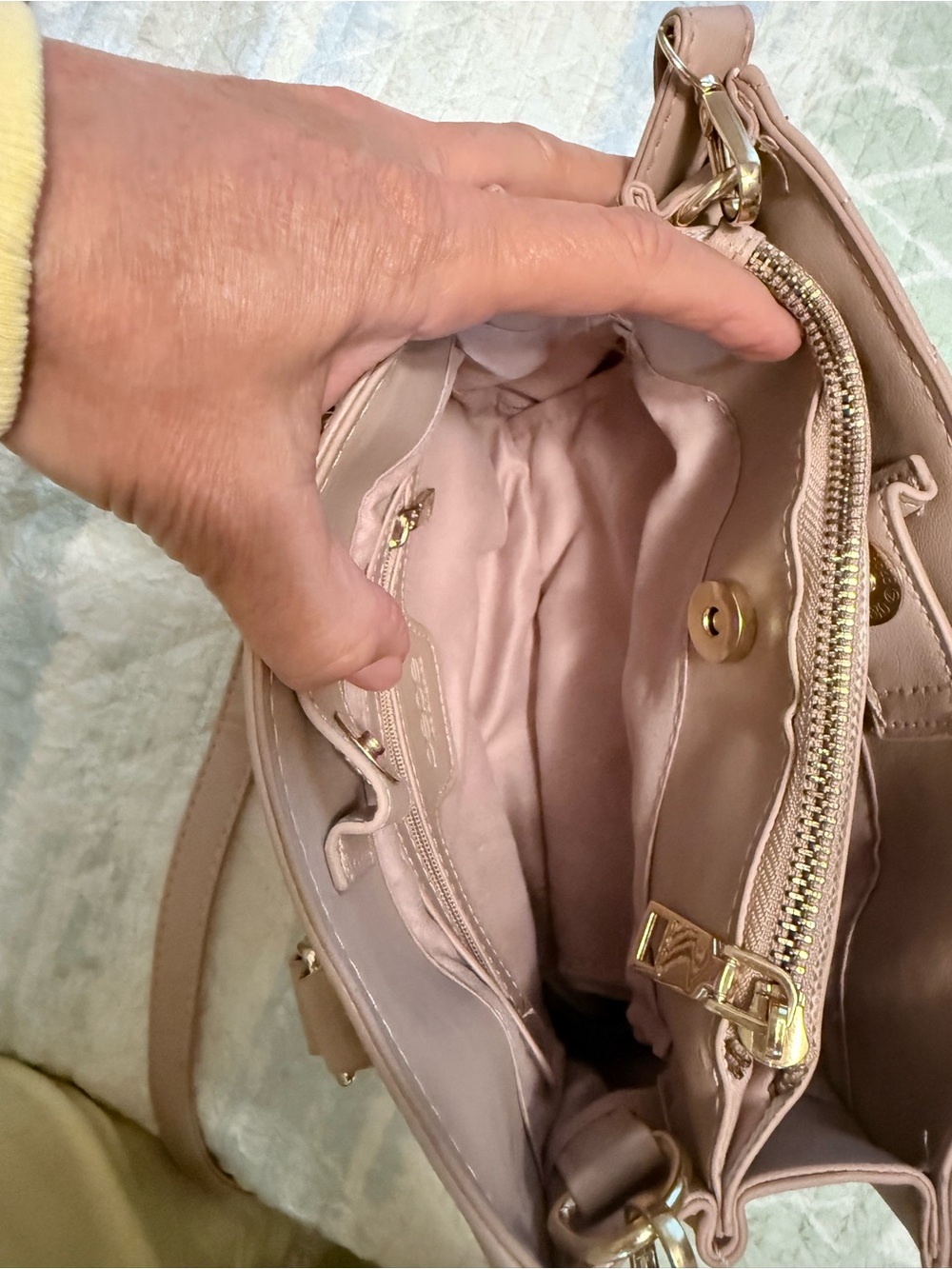 bebe Quilted Mini Tote in Light Pink with Rhinestone Logo - Picture 4 of 5
